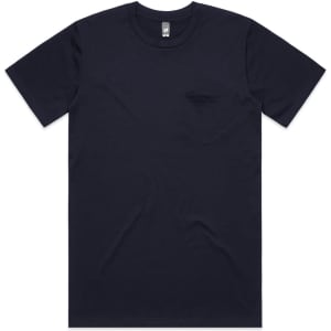 A navy blue classic pocket tee featuring a chest pocket and a simple, clean design.