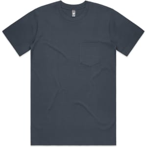 A dark grey classic pocket tee with a single chest pocket and short sleeves. The shirt features a logo.
