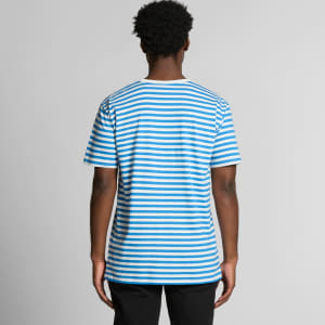 A back view of a T-shirt featuring blue and white stripes. The shirt has a logo on the back.