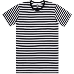 A striped T-shirt featuring black and white horizontal stripes with a black crew neck. It has a logo on the label.