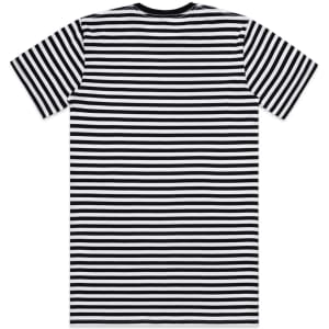 A black and white striped t-shirt with short sleeves. The back features a repeating stripe pattern.