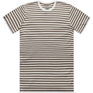 A striped t-shirt featuring alternating brown and white horizontal lines, with a round neckline and short sleeves.