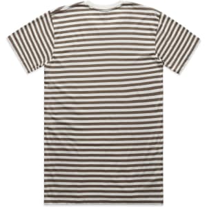A striped t-shirt in brown and white with short sleeves and a round neckline, featuring a branding logo.