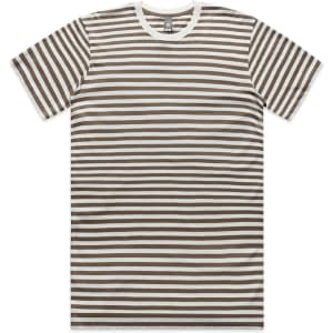 A brown and white striped T-shirt featuring short sleeves and a crew neckline, with a logo on the label.