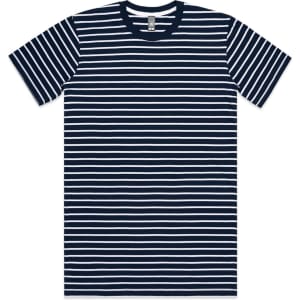 A navy and white striped T-shirt featuring a round neckline and short sleeves. It has a logo on the label.