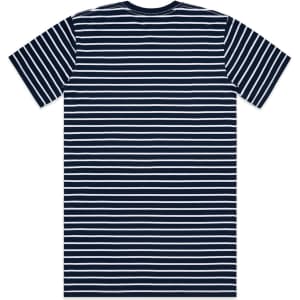 A navy blue and white striped T-shirt with short sleeves and a crew neck, featuring a logo.