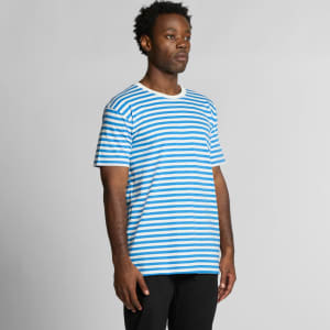 A striped blue and white T-shirt on a model, featuring short sleeves and a relaxed fit. There is a logo on the shirt.