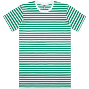 A green and white striped T-shirt with a crew neckline and short sleeves, featuring a logo on the label.