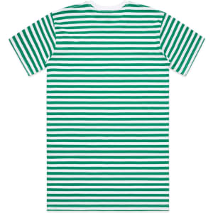 A green and white striped T-shirt featuring short sleeves and a crew neck. It includes a logo on the garment.