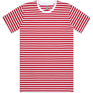 A red and white striped T-shirt with a crew neck and short sleeves, featuring a logo on the label.