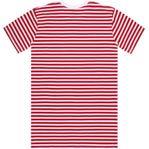 A red and white striped T-shirt featuring short sleeves and a round neck, with a logo on the back.