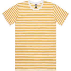 A striped T-shirt featuring alternating yellow and white stripes, with a round neckline and short sleeves.