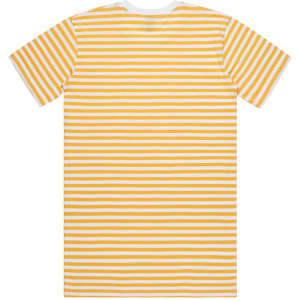 A striped T-shirt featuring yellow and white horizontal stripes, with a logo on the back.