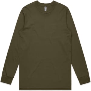A long-sleeve t-shirt in olive green, featuring a simple design and a logo on the label.