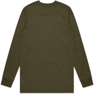 A long-sleeve T-shirt in olive green, featuring a plain design and a logo on the back.
