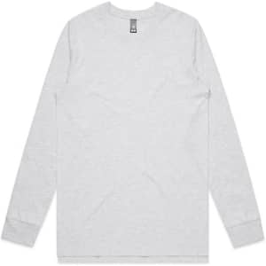 A long-sleeve grey t-shirt with a crew neckline and a logo on the label at the neck.