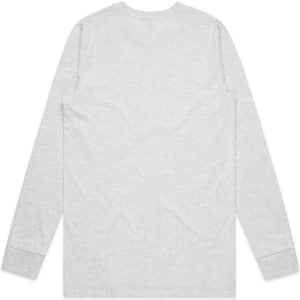 A long-sleeve grey T-shirt with a simple design, featuring a logo on the back.