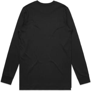 A black long-sleeve T-shirt featuring a simple design and a logo on the back.
