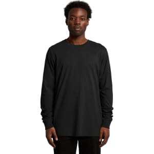 A long sleeve black t-shirt featuring a fitted design and a round neckline, presented on a male model.