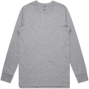A grey long-sleeve t-shirt with a round neckline and a brand logo.