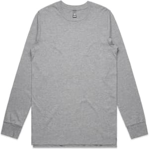 A long-sleeved grey t-shirt with a round neck and a small brand logo.