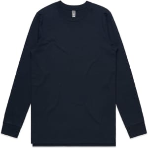 A long-sleeved tee in navy blue, featuring a simple design and a logo on the label.