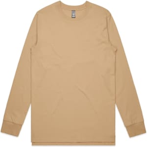 A beige long-sleeved t-shirt with a crew neckline and logo detailing.