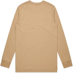 A beige long-sleeve t-shirt with a plain design, featuring a logo on the label.