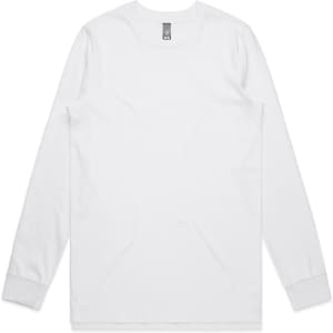 A long-sleeved white T-shirt with a round neckline and a logo at the neckline.
