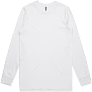 A white long sleeve t-shirt with a round neck and a logo on the tag. Plain design with no additional graphics.