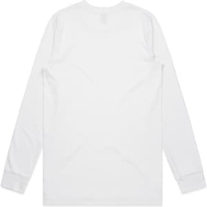A long-sleeve white T-shirt with a simple design and a logo on the back.