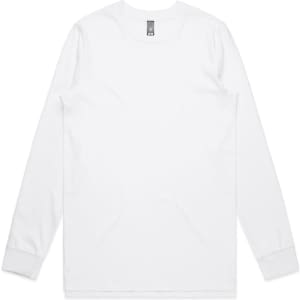 A white long-sleeve T-shirt with a crew neckline and a branding logo.