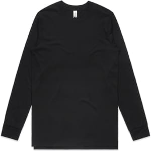 A long-sleeve black organic T-shirt with a round neck and a branded label.