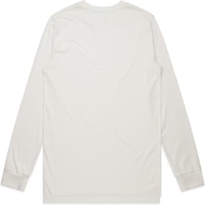 A long-sleeve organic T-shirt in a light cream colour, featuring a simple design and a small logo.