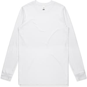 A white long-sleeve t-shirt with a simple design and a logo on the neckline.