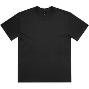 A plain black T-shirt featuring a crew neck and short sleeves, with a logo on the label.