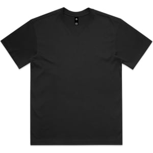 A black t-shirt with a crew neck and short sleeves featuring a logo on the inside neck.