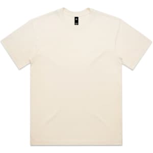 A plain cream-coloured T-shirt featuring a tag and no visible design or branding.