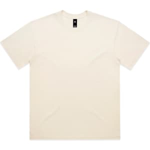 A cream-coloured t-shirt with short sleeves and a logo on the neckline.