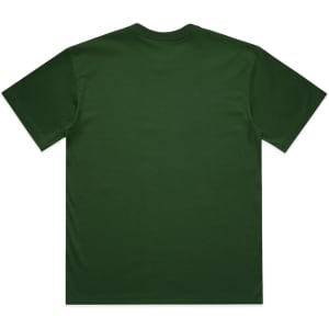 A green t-shirt featuring a simple design and a logo on the back.