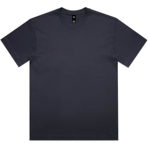 A dark grey Box Tee with a relaxed fit and short sleeves, featuring a logo on the tag.