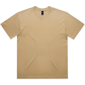 A beige t-shirt with short sleeves and a solid design, featuring a logo on the neckline.
