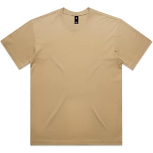 A plain beige t-shirt with a round neck and short sleeves, featuring a logo at the collar.