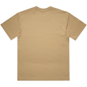 A plain khaki T-shirt with short sleeves and a round neckline, featuring a logo on the back.