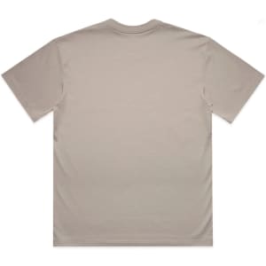 A beige t-shirt with a plain back, featuring a logo on the neckline.