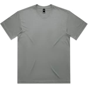 A grey t-shirt with a crew neck and short sleeves, featuring a logo on the tag.