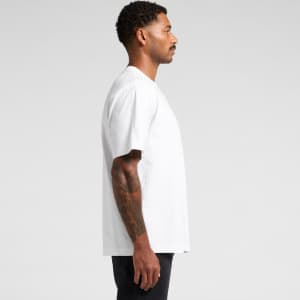 A white Box Tee t-shirt displayed on a model, showcasing a side view and relaxed fit.