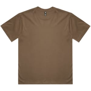 A brown T-shirt with short sleeves and a round neckline, featuring a brand logo on the tag.