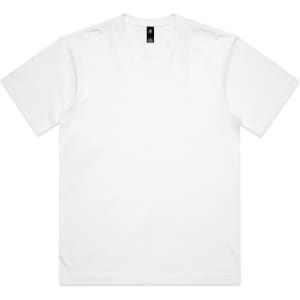 A plain white T-shirt featuring a simple design and a branding label at the neckline.
