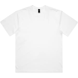 A plain white T-shirt with short sleeves and a logo tag at the neckline.
